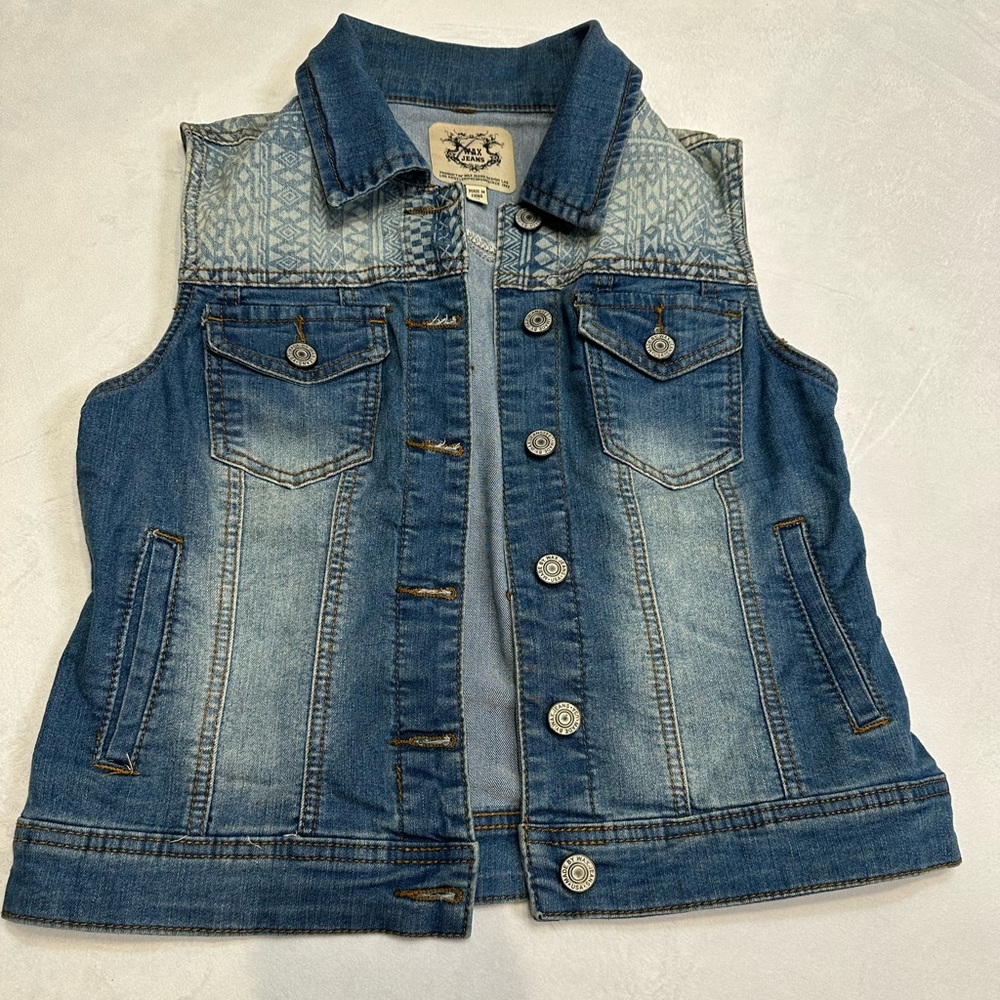 Wax Jeans Aztec Sleeveless Denim Jean Jacket Sz M‎ BOHO